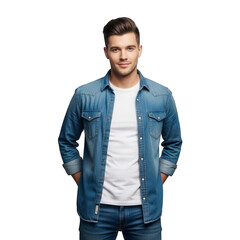 Young Man in Denim Shirt and Jeans Standing Against Black Background