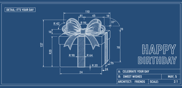 Detailed Blueprint Illustration of a Birthday Gift Box, a Technical Drawing Concept for Celebratory Wishes and Special Occasions with Precise Dimensions
