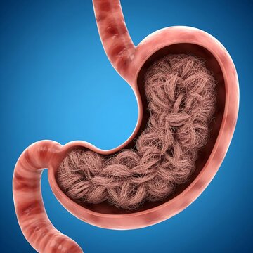 Stomach with Bezoar Formation: stomach containing a large, tangled, and compact mass of undigested material (hair or vegetable fiber), symbolizing a bezoar that is causing an obstruction. Blue backgro