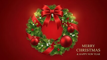 Elegant christmas wreath with red bow and ornaments