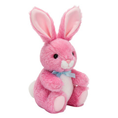 Obraz premium Fluffy pink easter bunny plush toy with a blue bow isolated on a transparent background
