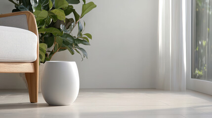 Minimal living room interior with modern chair and potted plant near window. Bright natural light and clean space for home decor and interior design projects.