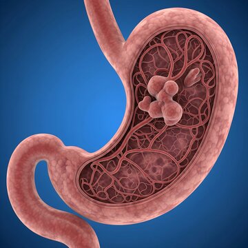 Stomach with AVM (Arteriovenous Malformation):  stomach lining showing a tangled cluster of abnormal and fragile blood vessels (AVM), a source of recurrent bleeding. Blue background