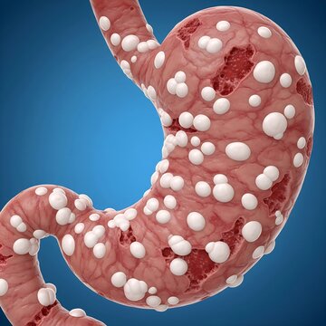 Stomach with Fungal Gastritis (Masses):  stomach's inner wall covered with white, raised, plaque-like lesions and masses, symbolizing fungal (e.g., Candidal) gastritis. Blue background