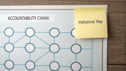 Visual representation of accountability chain with institutional map concept stick note on wooden table background