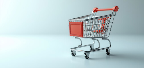 Red shopping cart isolated on clean background with copy space. Retail and ecommerce visual for online shopping, consumer behavior, marketing and business use.