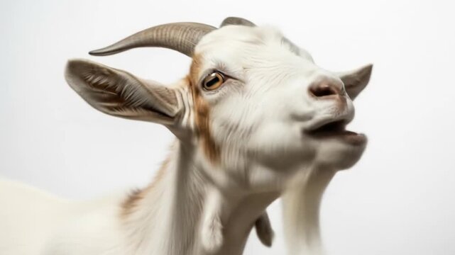 Captivating goat bleating sequence on pristine white backdrop showcase its communication