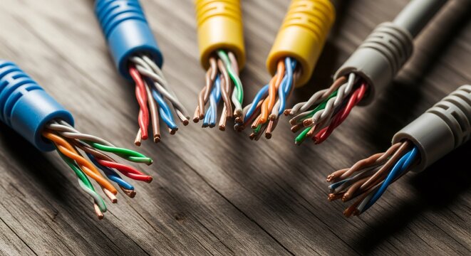 Close-up of Unshielded Twisted Pair (UTP) Network Cables on Wood Surface