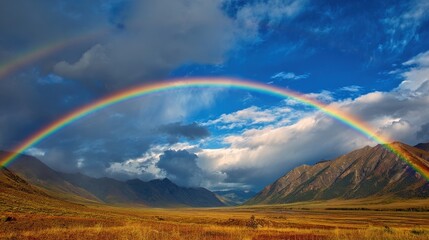 Fototapeta premium A stunning rainbow curves gracefully across a valley reflecting vibrant colors as sunlight breaks through clouds.