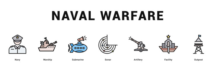 Naval Warfare Modern and clean web banner illustration featuring thematic icons for visual communication © Mia