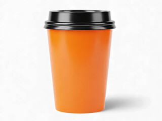 Vibrant orange disposable coffee cup with black lid isolated on black