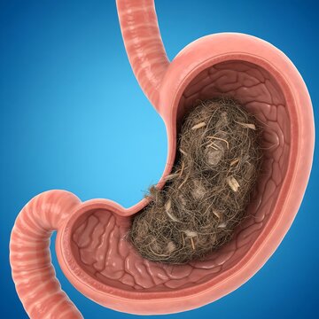 Stomach with Bezoar Formation: stomach containing a large, tangled, and compact mass of undigested material (hair or vegetable fiber), symbolizing a bezoar that is causing an obstruction. Blue backgro