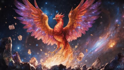 Majestic Phoenix Rising From Ashes in Cosmic Nebula.
