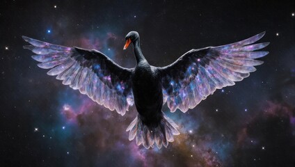 Majestic Black Swan Spreading Wings in Cosmic Nebula.
