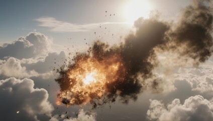 Massive Explosion in the Sky Amidst Clouds and Sunlight.