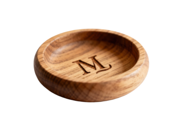Handcrafted Wooden Dish with Elegant Monogram M isolated on transparent