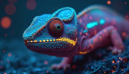 Close up view of a bioluminescent chameleon with vibrant neon blue and pink skin. Its large eye is detailed. The reptile rests on a dark textured surface with glowing bokeh lights.