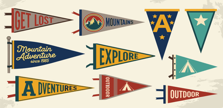 Collection of vintage pennant flags featuring outdoor adventure and exploration themes like mountains and exploration