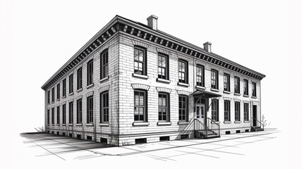 Historic building illustration, old house drawing, architectural sketch