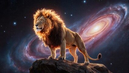 Majestic Lion Roaring on Rock Against a Cosmic Galaxy Backdrop.