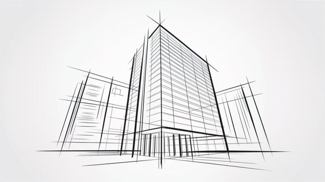 Architectural building sketch with blueprint lines for construction and design, modern skyscraper