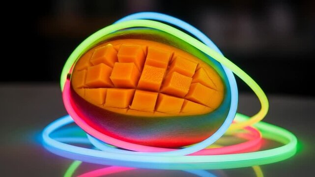 Dynamic Mango Fruit Display with Vibrant Neon Tubes for a Modern Aesthetic 720p