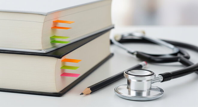 Medical textbooks and stethoscope on a desk, symbolizing healthcare education and study