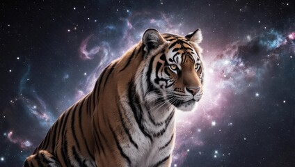 Majestic Tiger in a Cosmic Nebula - A Blend of Wildlife and Space.