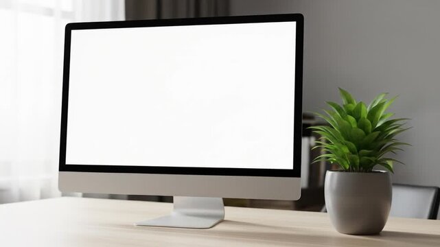 Workspace Modern monitor with white screen on wood desk, vibrant green plant nearby