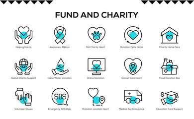 Meaningful Fund and Charity icon collection for donations, nonprofit support, social causes and humanitarian campaigns