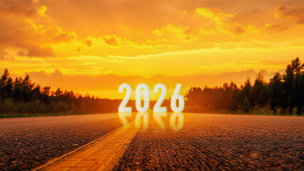 2026 New Year Journey Concept with Golden Numbers on Road at Sunrise, 2026 New Year Future Journey and Celebration at Golden Sunset.