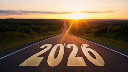 2026 New Year Journey Concept with white Numbers on Road at Sunrise, 2026 New Year Future Journey and Celebration at Golden Sunset.