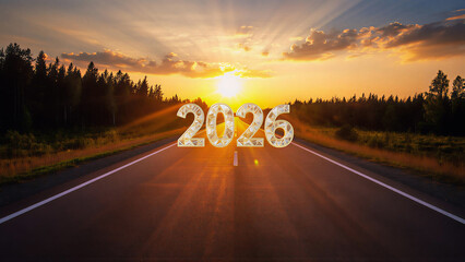 2026 New Year Journey Concept with Golden Numbers on Road at Sunrise, 2026 New Year Future Journey and Celebration at Golden Sunset.
