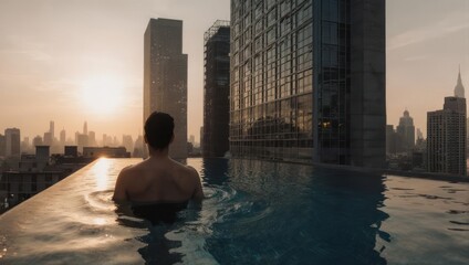 Man enjoying a rooftop infinity pool at sunset with city skyline view.