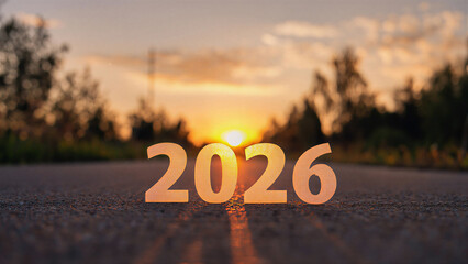 2026 New Year Journey Concept with Golden Numbers on Road at Sunrise, 2026 New Year Future Journey and Celebration at Golden Sunset.