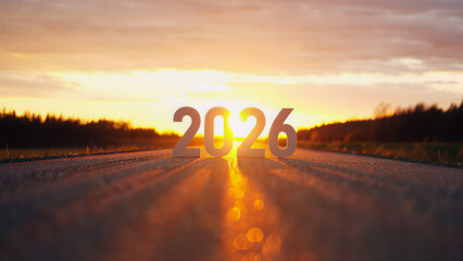 2026 New Year Journey Concept with Golden Numbers on Road at Sunrise, 2026 New Year Future Journey and Celebration at Golden Sunset.