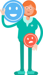 Female Doctor Character and Emoticon Sign

