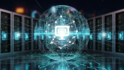 Cyber ​​Security Fortress A stunning digital security display with a glowing sphere encompassing data protection elements A visual representation of security in cyberspace. 4k video - Powered by Adobe