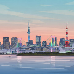 Naklejka premium Tokyo's Skyline at Dusk: A vibrant illustration showcasing the majestic Tokyo skyline at dusk, with iconic landmarks and stunning cityscape reflecting in the tranquil waters below. 