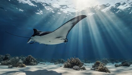 Majestic Manta Ray Gliding Through Sunlit Ocean Depths Over Coral Reef.