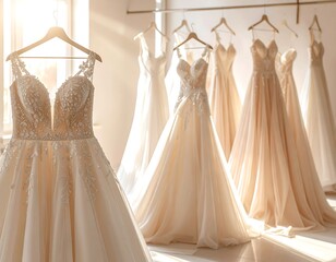 Assortment of elegant wedding gowns, hanging, bathed in soft sunlight