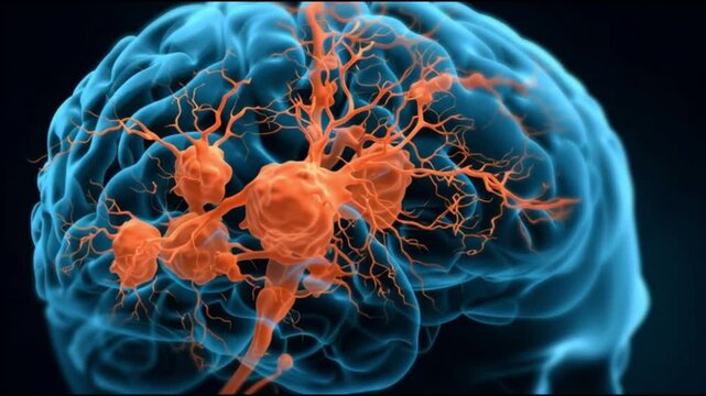 Ischemic stroke. Brain injury. Cerebral ischemia. Blood clot. Vascular occlusion. Illustration of a brain showing vascular occlusion and blood clots.