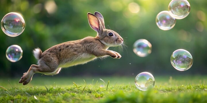 A playful bunny in mid-leap, joyfully chasing iridescent soap bubbles across a vibrant green lawn bathed in sunlight.