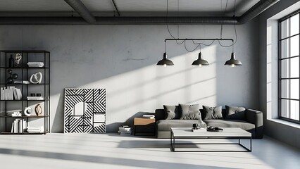 Minimalist Industrial Loft Interior: Modern Living Space with Raw Concrete Walls, Exposed Ductwork, Sleek Furniture, Dramatic Sunlight & Shadow Play (3D Render)