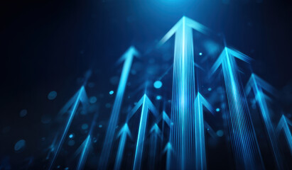 Blue glowing arrows rising on digital background conveying growth, success, technology and upward momentum with bokeh light and futuristic lines