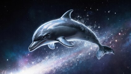 Majestic Dolphin Soaring Through a Cosmic Starry Night Sky.