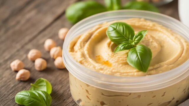 Fresh hummus in plastic tub, topped with basil, chickpeas scattered on wood table