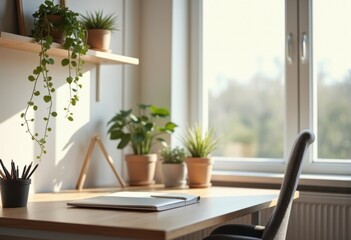 Fototapeta premium Charming Minimalist Home Office Inspiration Flourishes Boost Productivity Fresh Elements Bright Aesthetics