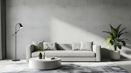 Modern Minimalist Living Room Interior Design with White Sofa, Round Coffee Table, and Potted Plant Against a Textured Gray Concrete Wall Background.