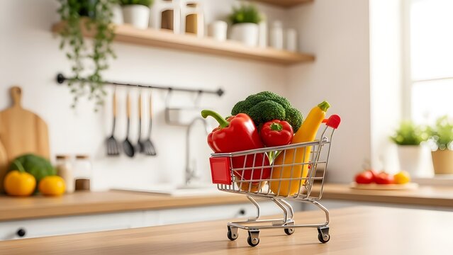 Shopping cart filled with fresh vegetables on kitchen countertop - Powered by Adobe